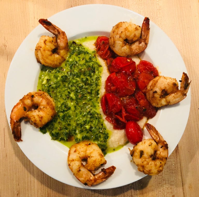 Shrimp and Grits with Chimichurri Sauce - Jim Cooks Food Good!