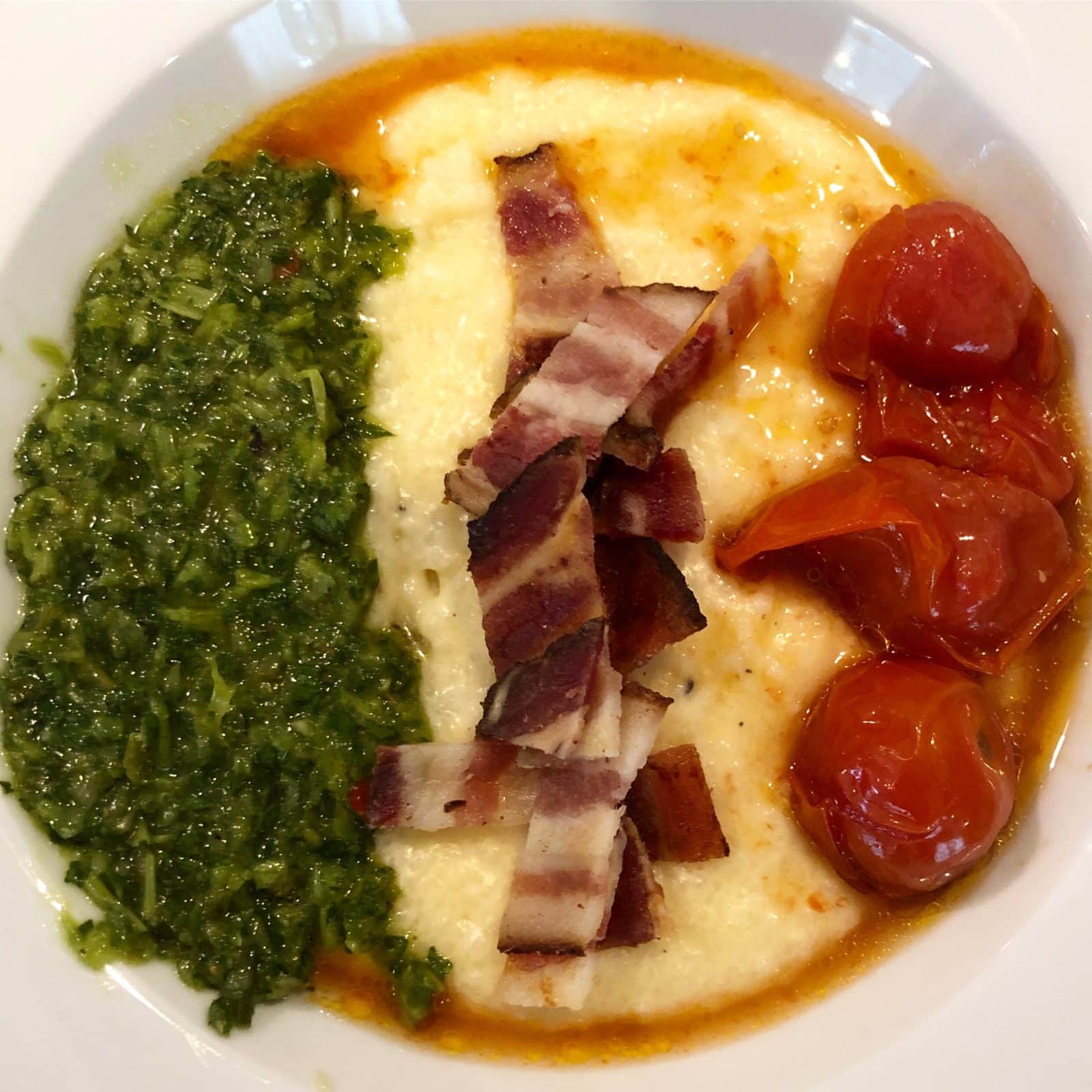 Pork Belly Grits With Chimichurri And Blistered Tomatoes Jim Cooks Food Good