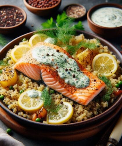 Baked Salmon with Lemon-Dill Sauce and Quinoa Pilaf