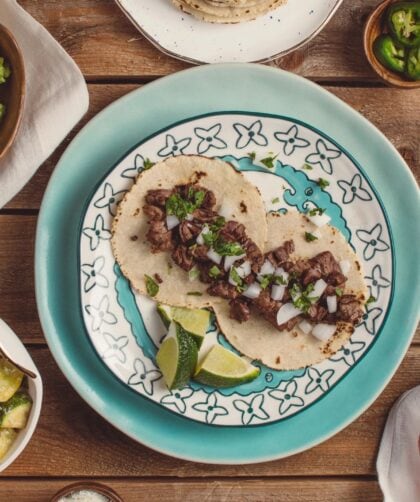 Marinated Skirt Steak Tacos with Pickled Onions and Capers