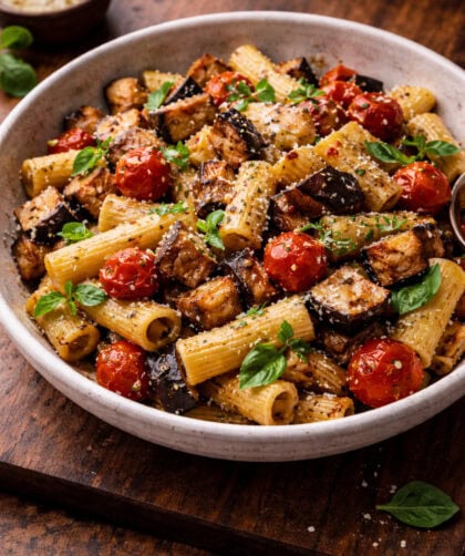 Roasted Eggplant and Tomato Pasta with Garlic and Basil