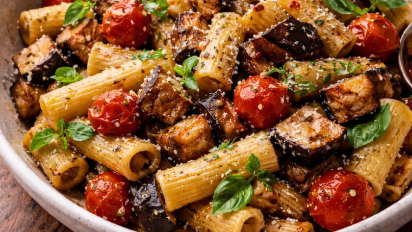 Roasted Eggplant and Tomato Pasta with Garlic and Basil
