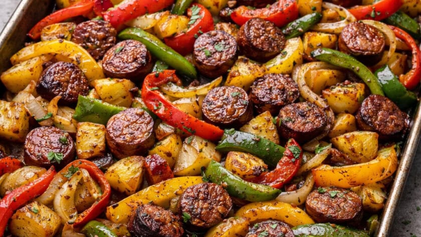 Sheet pan with roasted sausage slices, potatoes, red and yellow peppers, and onions, garnished with herbs.