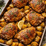 Juicy, crispy lemon garlic chicken thighs with roasted potatoes on a baking sheet.