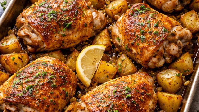 Juicy, crispy lemon garlic chicken thighs with roasted potatoes on a baking sheet.